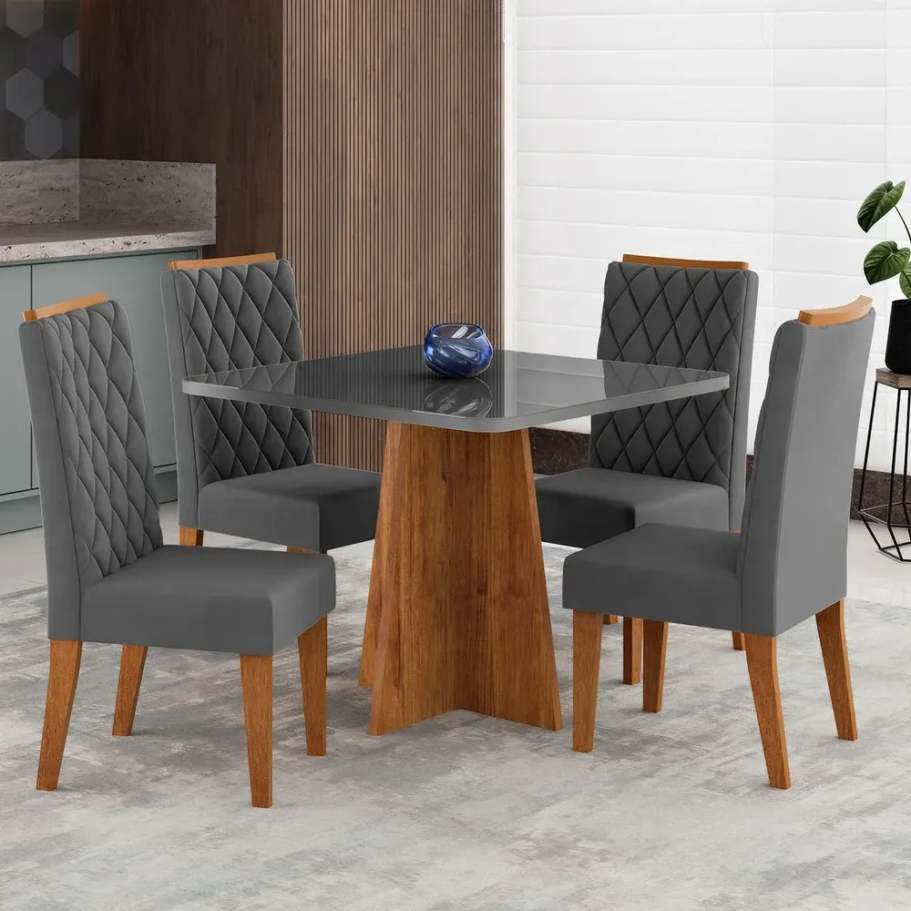 Mesa de Jantar 4 Lugares Cucina Mel/Cinza/Veludo Cinza - Viero Móveis - 1