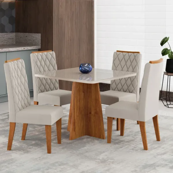 Mesa de Jantar 4 Lugares Cucina com Vidro Mel/Off White - Viero Móveis