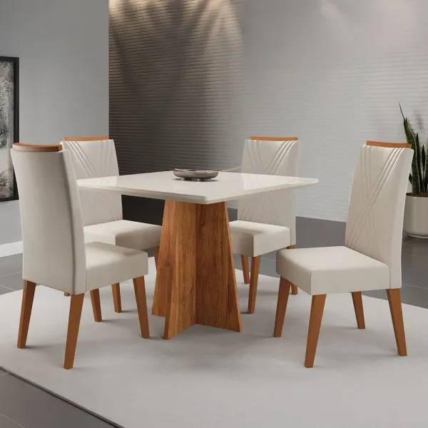 Mesa de Jantar 4 Lugares Venice com Vidro Mel/Bege/Off White - Viero Móveis