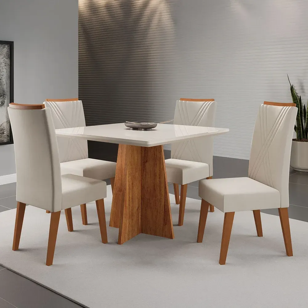 Mesa de Jantar 4 Lugares Venice com Vidro Mel/Bege/Off White - Viero Móveis - 1