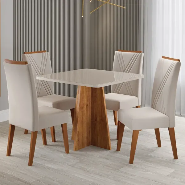 Mesa de Jantar 4 Lugares Street com Vidro Mel/Bege/Off White - Viero Móveis