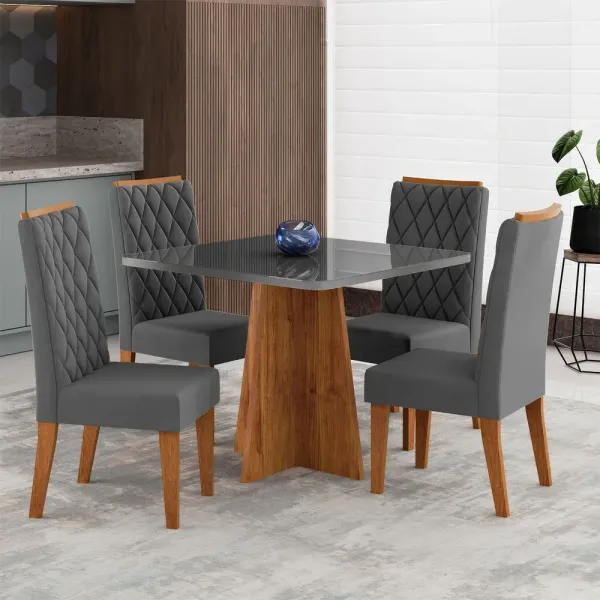 Mesa de Jantar 4 Lugares Vang com Vidro Mel/Cinza/Grafite - Viero Móveis