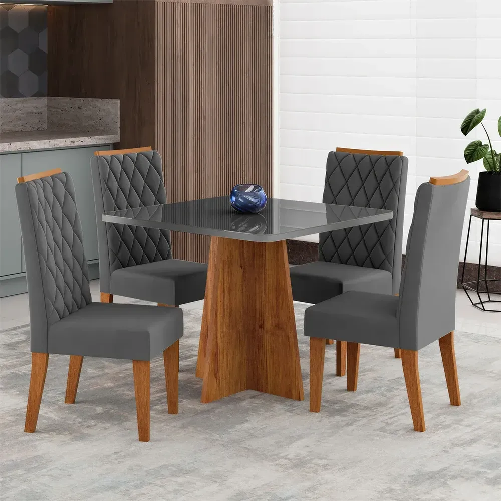Mesa de Jantar 4 Lugares Vang com Vidro Mel/Cinza/Grafite - Viero Móveis - 1