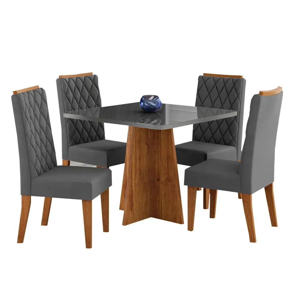 Mesa de Jantar 4 Lugares Vang com Vidro Mel/Cinza/Grafite - Viero Móveis - 2
