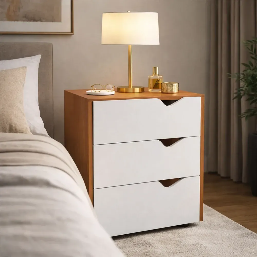 Mesa de Cabeceira Porto 3 Gavetas Branco/Freijó - Politorno - 1