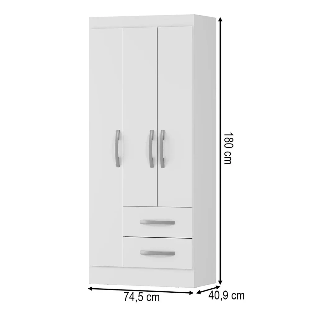 Guarda Roupa Solteiro Adolfo 3 Portas 2 Gavetas Branco Neve - Mx Móveis - 3