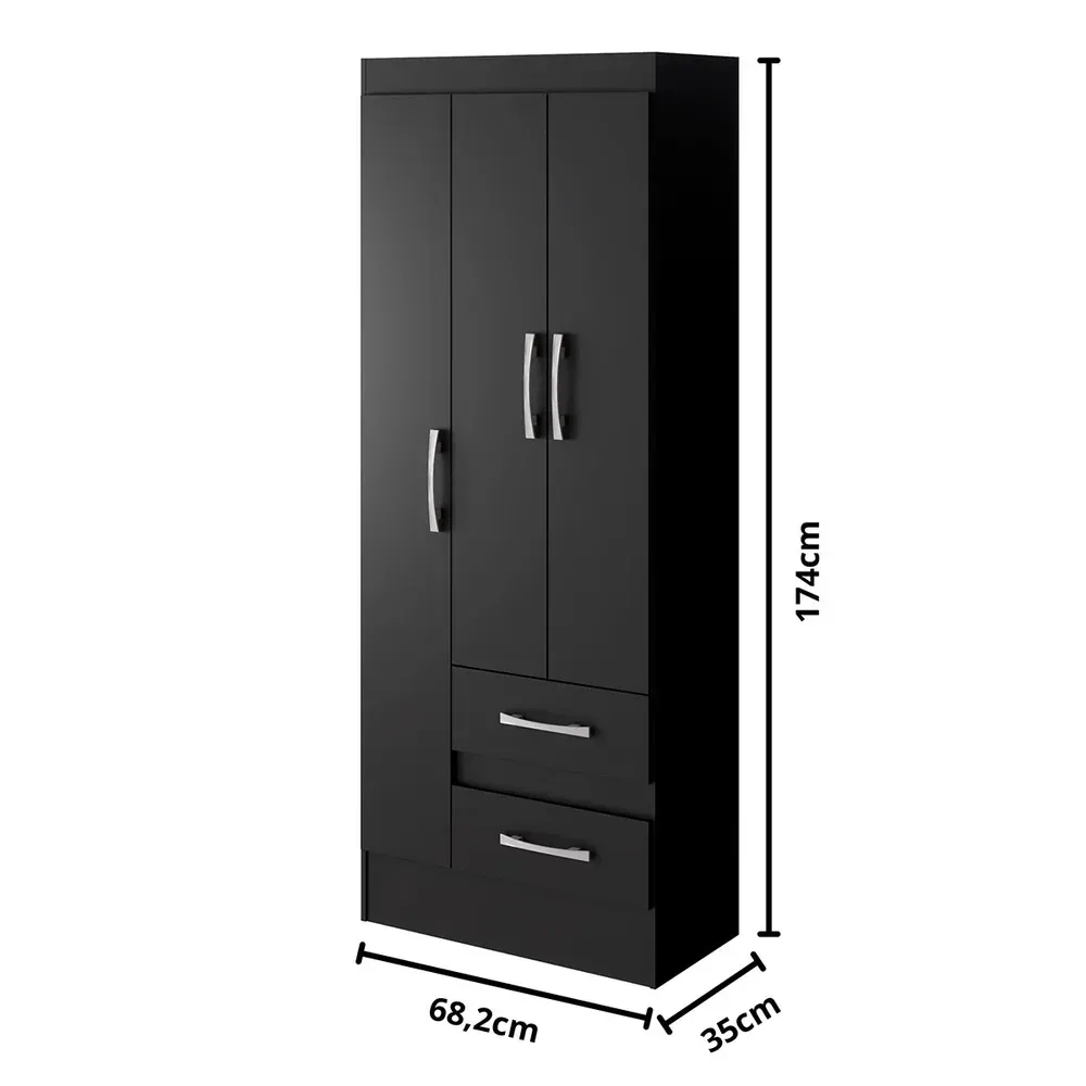 Guarda Roupa Solteiro Sartori 3 Portas 2 Gavetas Preto - Pnr Móveis - 3