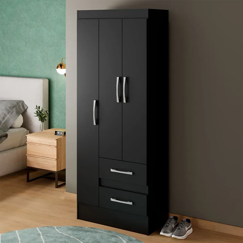 Guarda Roupa Solteiro Sartori 3 Portas 2 Gavetas Preto - Pnr Móveis - 1
