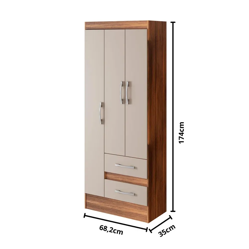 Guarda Roupa Solteiro Sartori 3 Portas 2 Gavetas Castanho/Off White - Pnr Móveis - 3