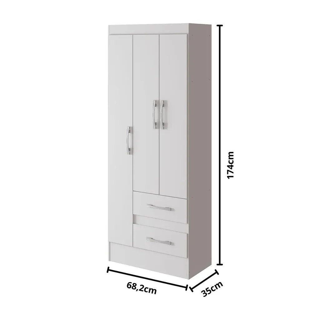 Guarda Roupa Solteiro Sartori 3 Portas 2 Gavetas Branco - Pnr Móveis - 3