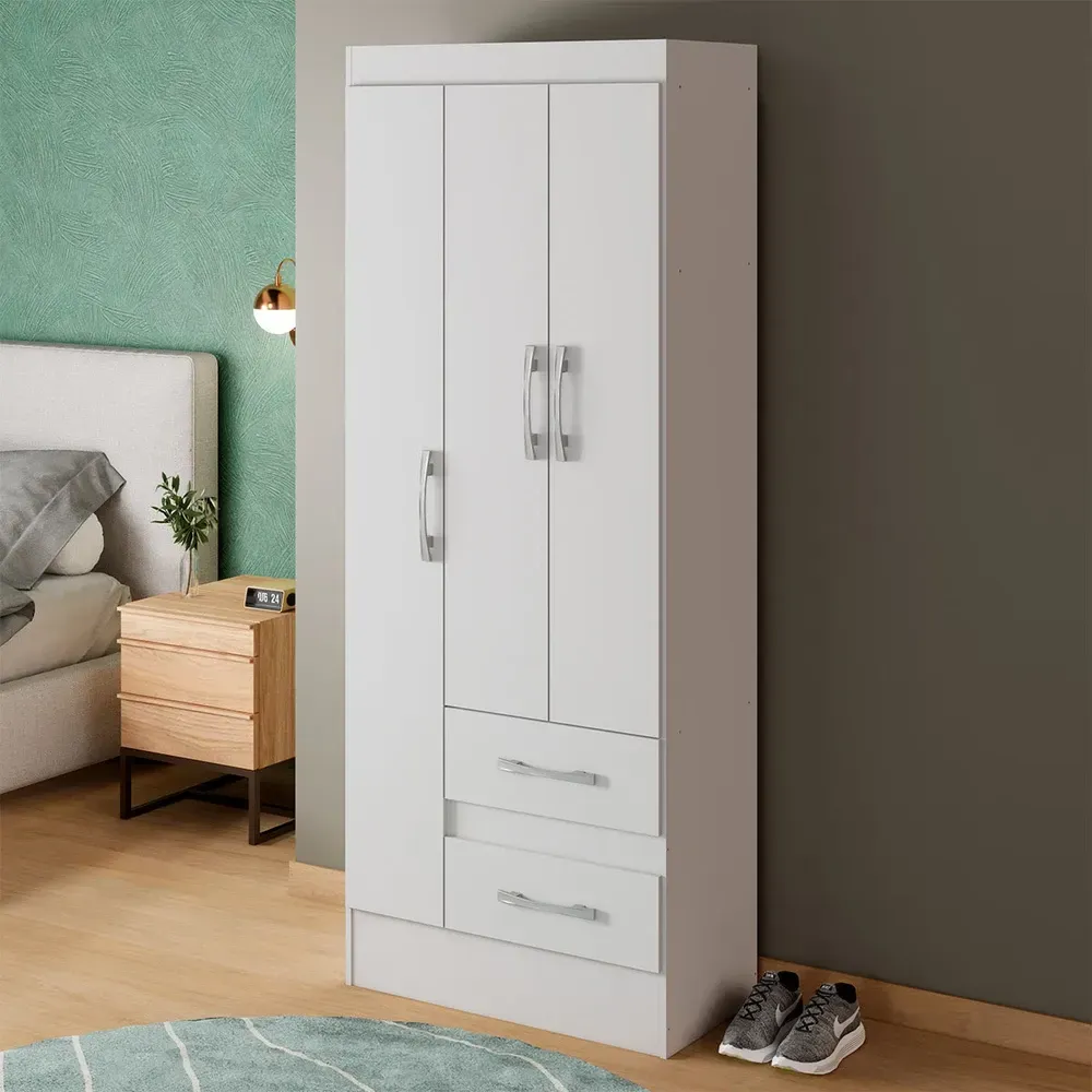 Guarda Roupa Solteiro Sartori 3 Portas 2 Gavetas Branco - Pnr Móveis - 1