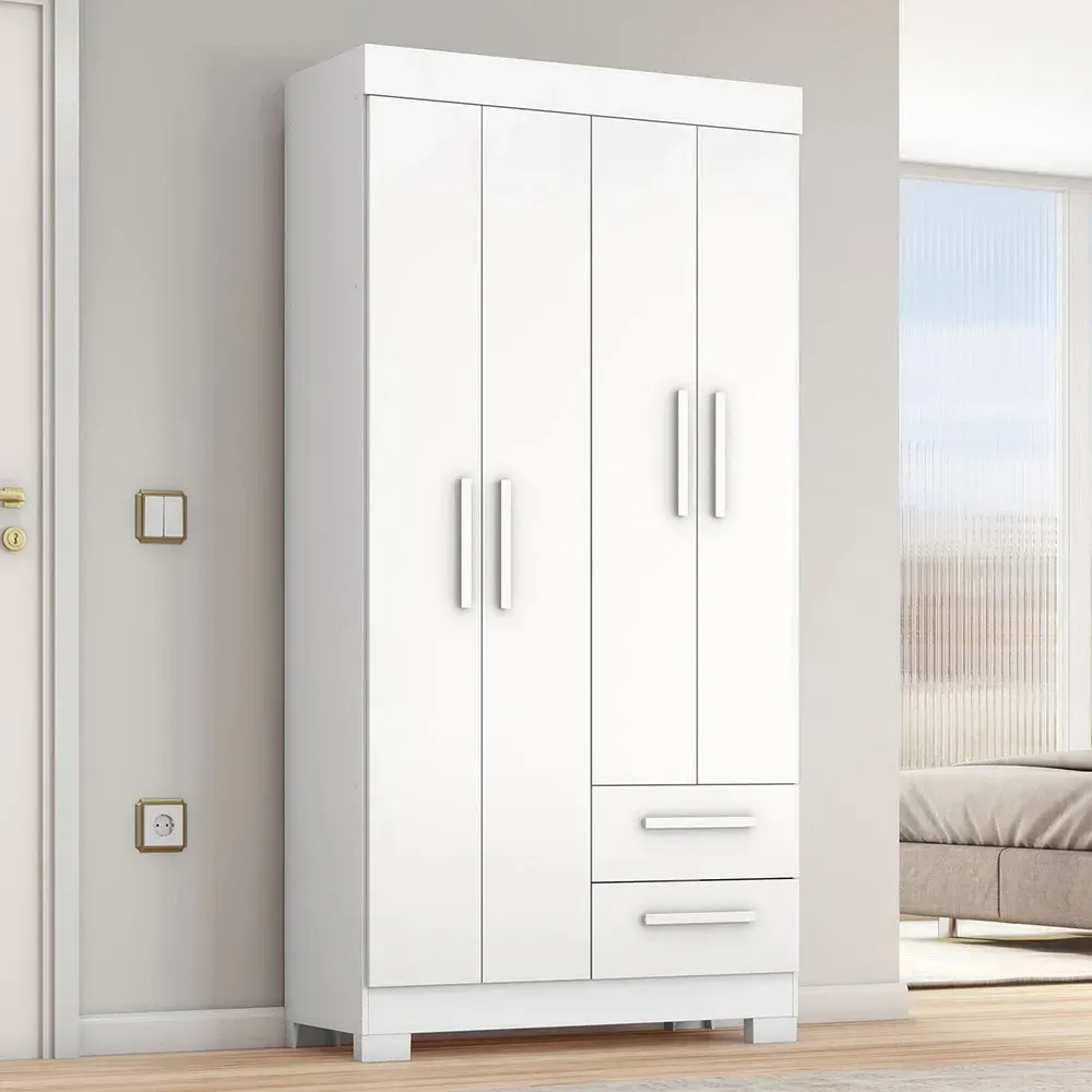 Guarda Roupa Solteiro Dortmund 4 Portas 2 Gavetas Flex Branco New/Rosa - Pnr Móveis - 1