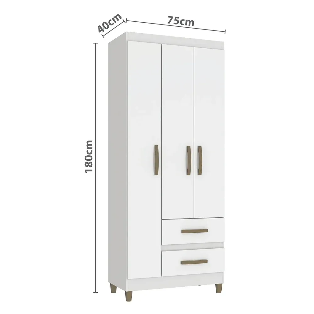 Guarda Roupa Solteiro Sole 3 Portas 2 Gavetas Branco - Pnr Móveis - 3