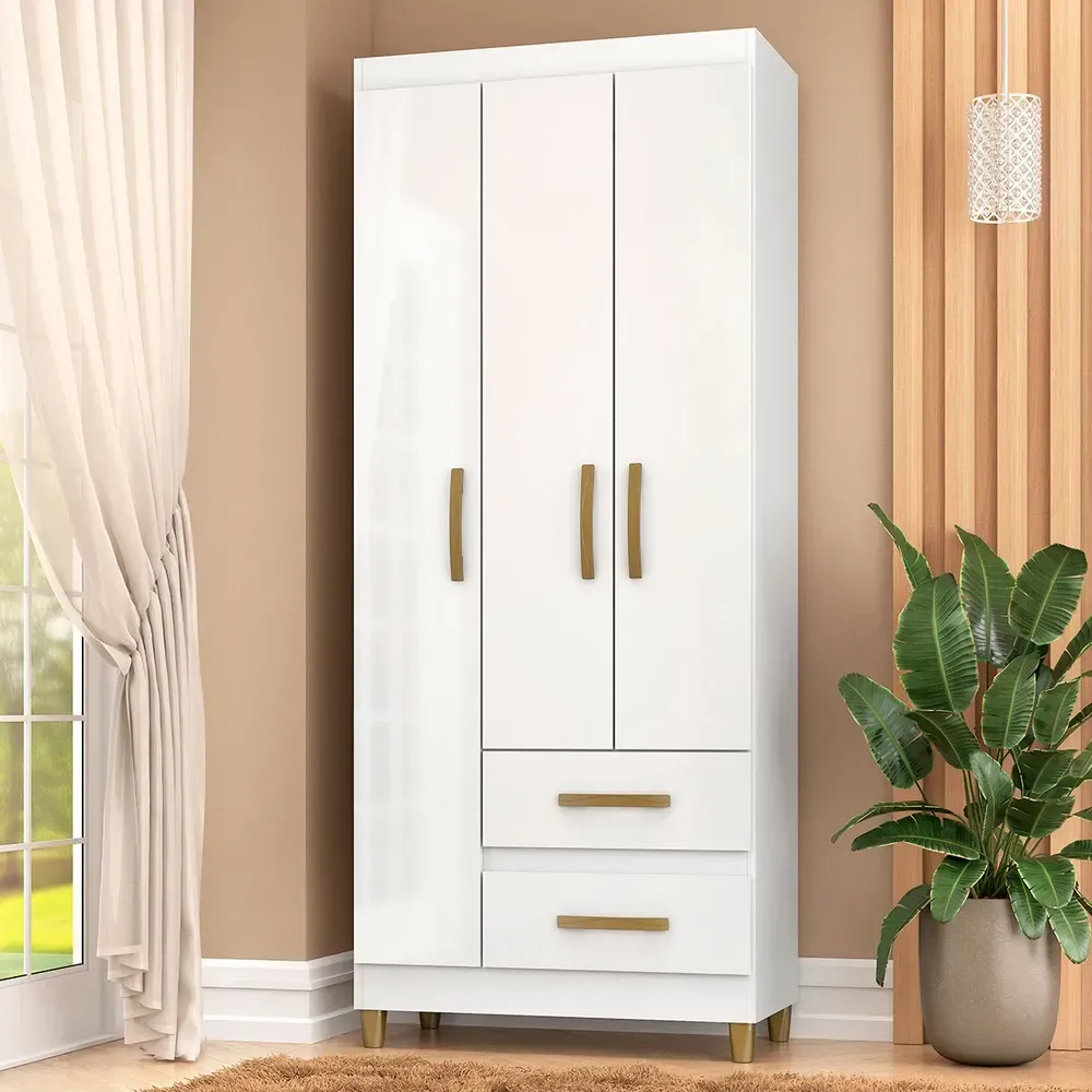 Guarda Roupa Solteiro Sole 3 Portas 2 Gavetas Branco - Pnr Móveis - 1