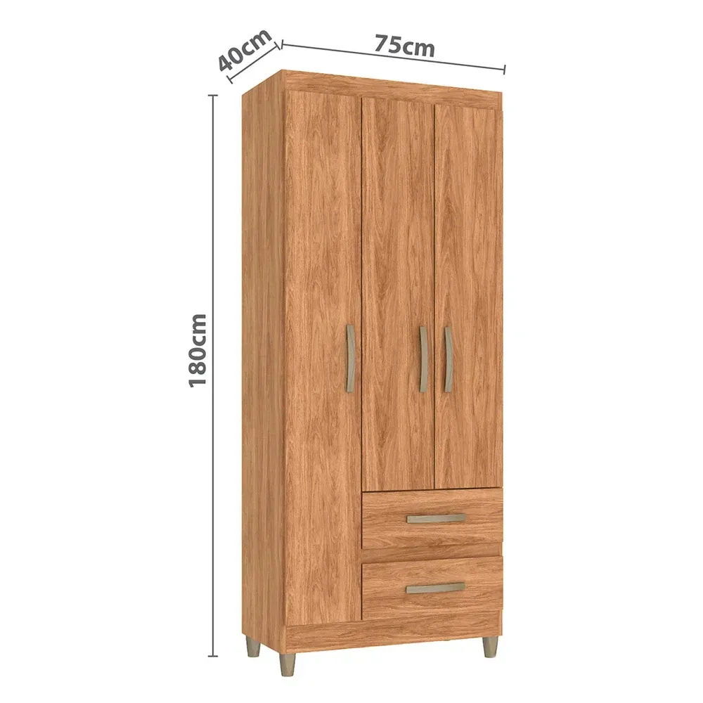 Guarda Roupa Solteiro Sole 3 Portas 2 Gavetas Mel - Pnr Móveis - 3