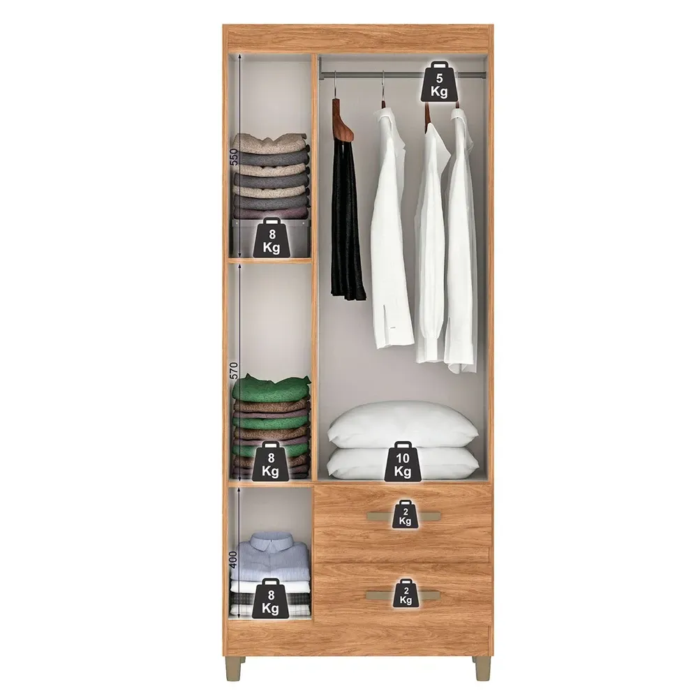 Guarda Roupa Solteiro Sole 3 Portas 2 Gavetas Mel - Pnr Móveis - 2
