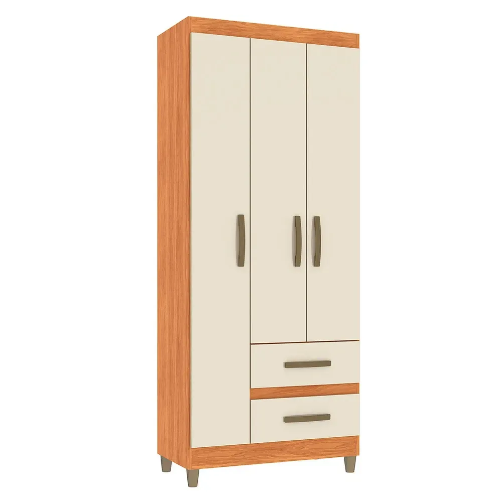 Guarda Roupa Solteiro Sole 3 Portas 2 Gavetas Cinamomo/Off White - Pnr Móveis - 2