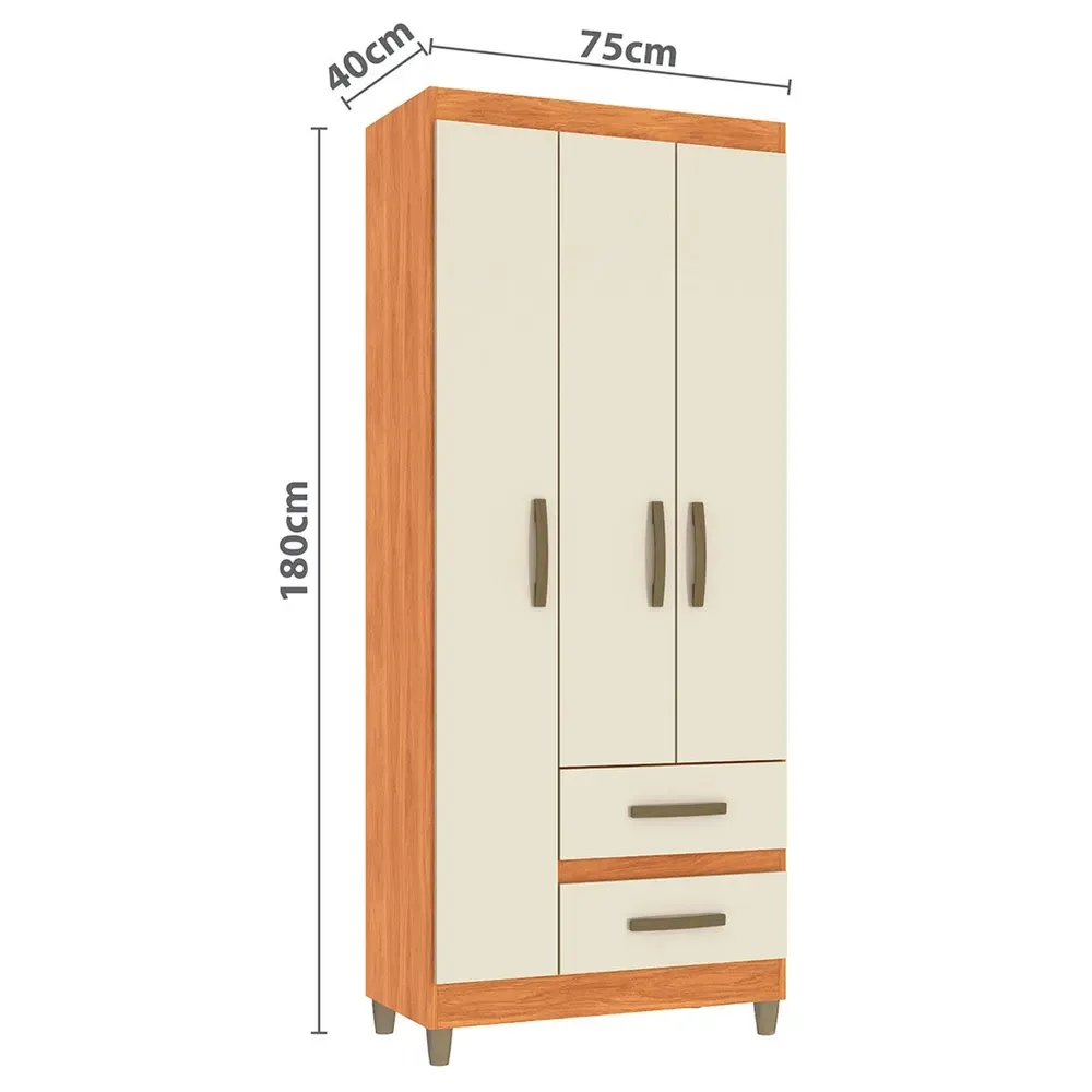 Guarda Roupa Solteiro Sole 3 Portas 2 Gavetas Cinamomo/Off White - Pnr Móveis - 3