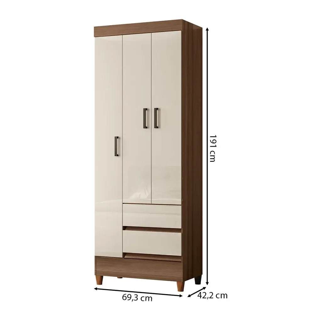 Guarda Roupa Solteiro Lux 3 Portas 2 Gavetas Jequitiba/Off White - Pnr Móveis - 3