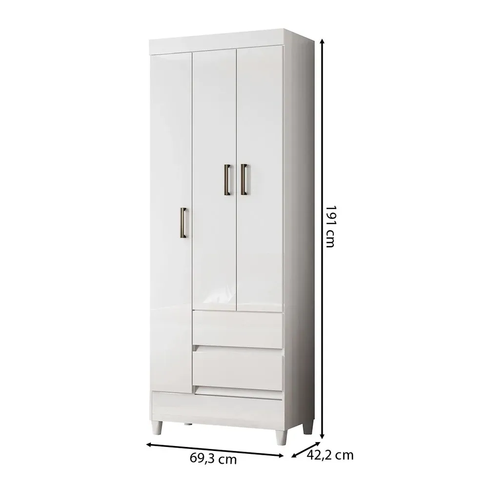 Guarda Roupa Solteiro Lux 3 Portas 2 Gavetas Branco - Pnr Móveis - 3