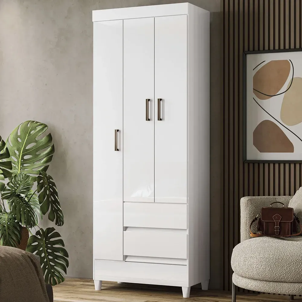 Guarda Roupa Solteiro Lux 3 Portas 2 Gavetas Branco - Pnr Móveis - 1