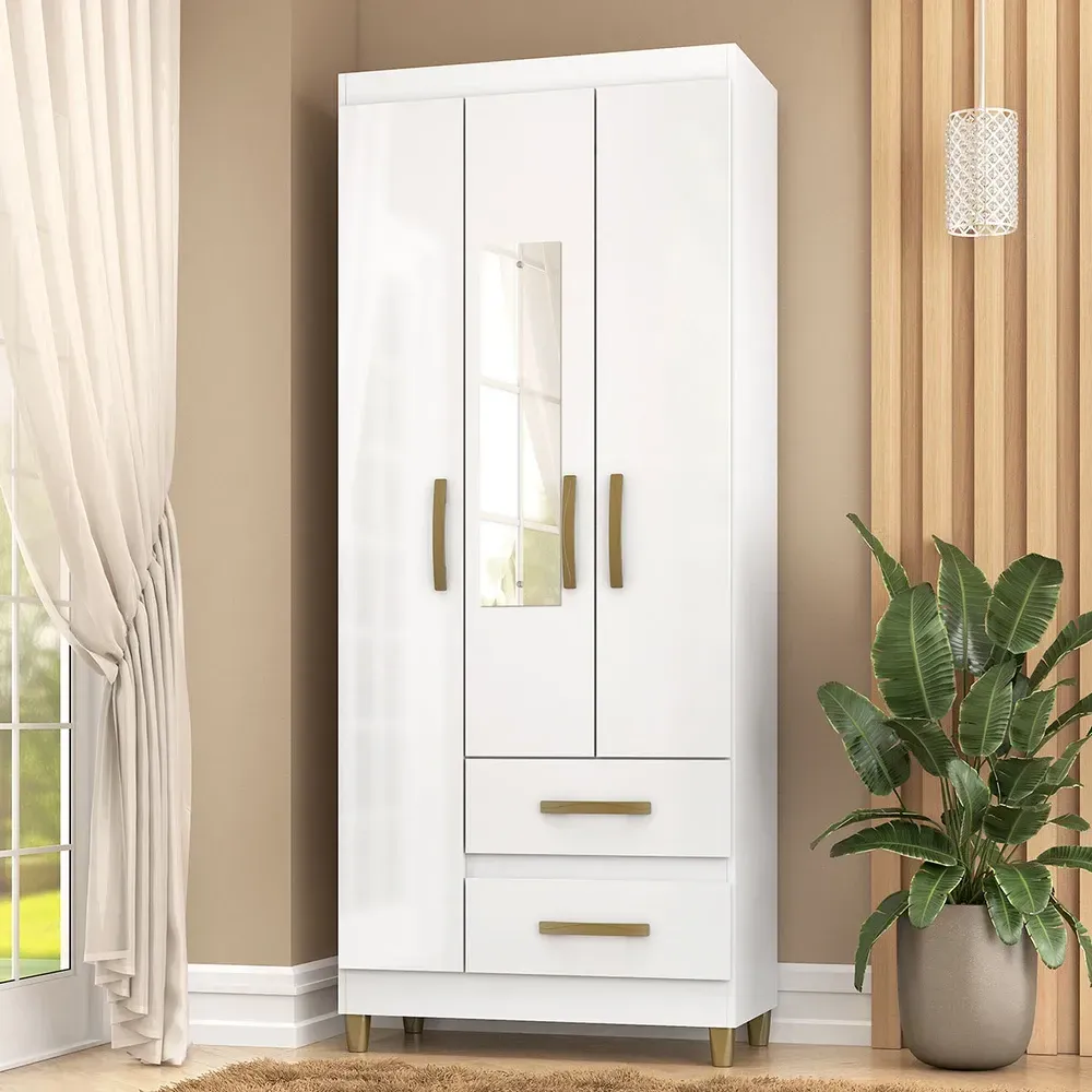 Guarda Roupa Solteiro Rinaldi 3 Portas 2 Gavetas com Espelho Branco - Pnr Móveis - 1
