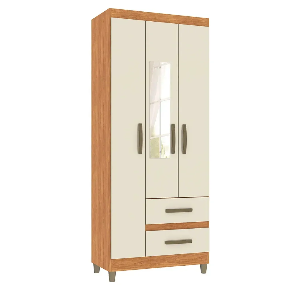 Guarda Roupa Solteiro Rinaldi 3 Portas 2 Gavetas com Espelho Cinamomo/Off White - Pnr Móveis - 2