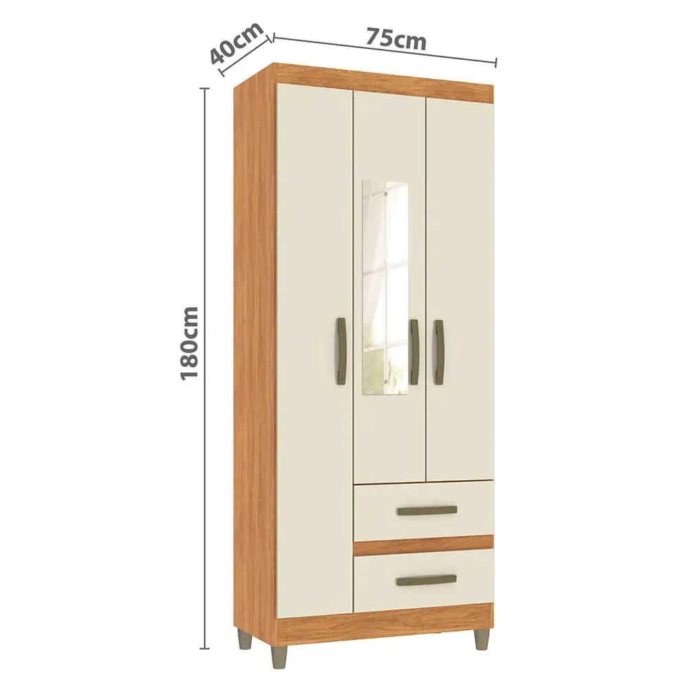 Guarda Roupa Solteiro Rinaldi 3 Portas 2 Gavetas com Espelho Cinamomo/Off White - Pnr Móveis - 3