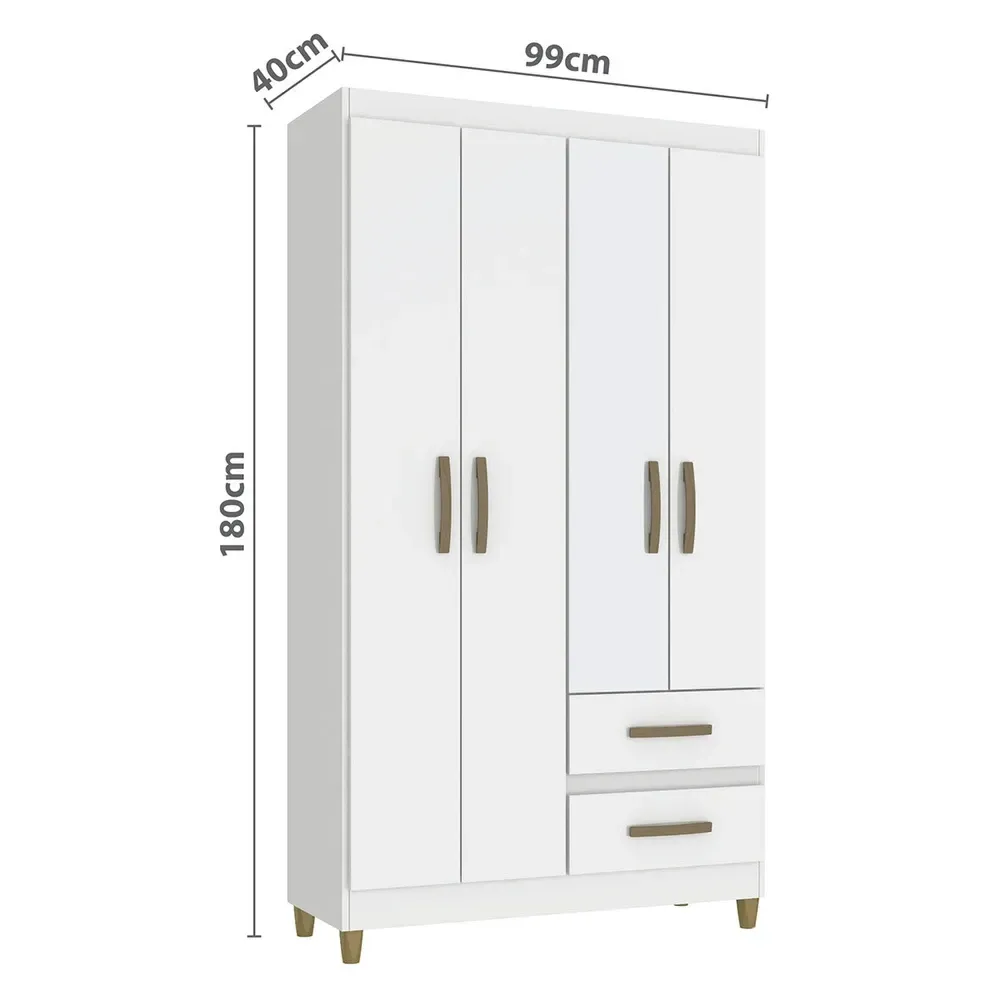 Guarda Roupa Solteiro Dória 4 Portas 2 Gavetas Branco - Pnr Móveis - 3
