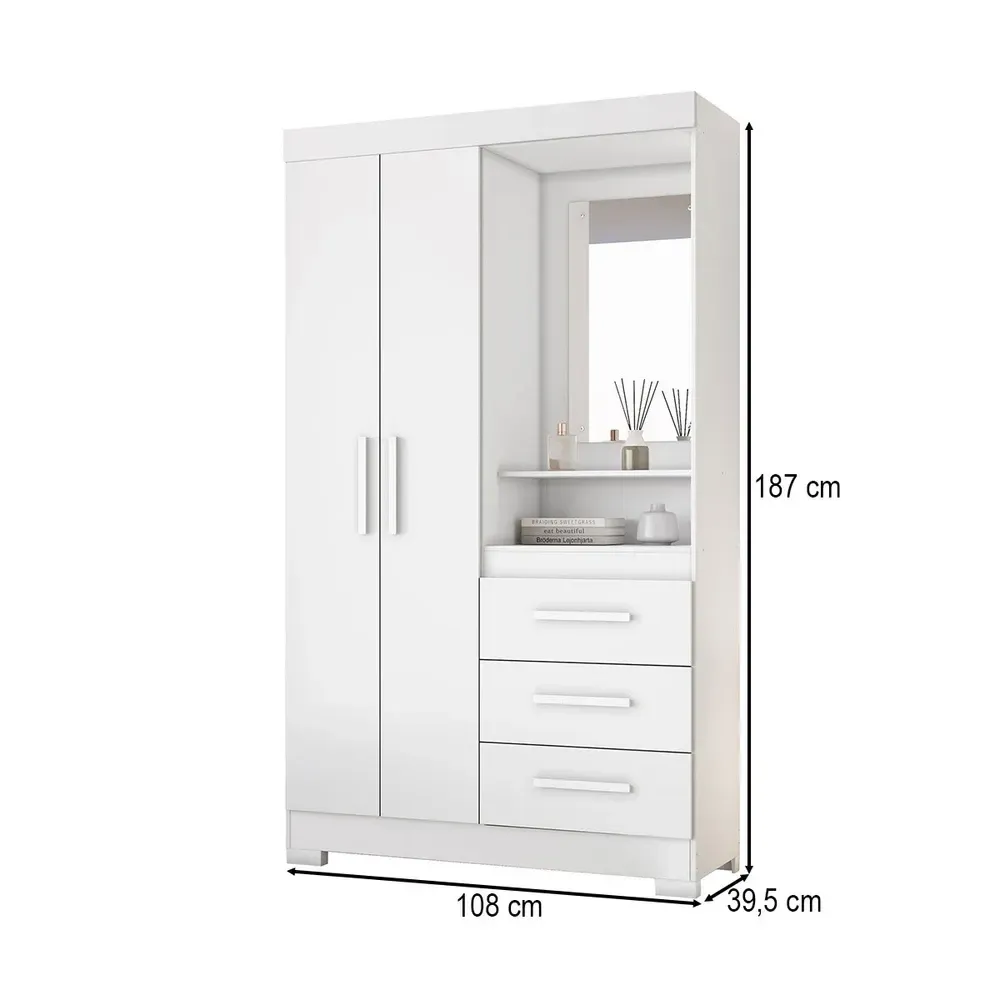 Guarda Roupa Solteiro Formate 2 Portas 3 Gavetas com Espelho Flex Branco/Rosa - Pnr Móveis - 3
