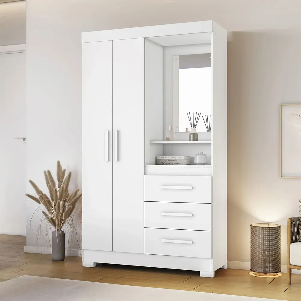 Guarda Roupa Solteiro Formate 2 Portas 3 Gavetas com Espelho Flex Branco/Rosa - Pnr Móveis - 1