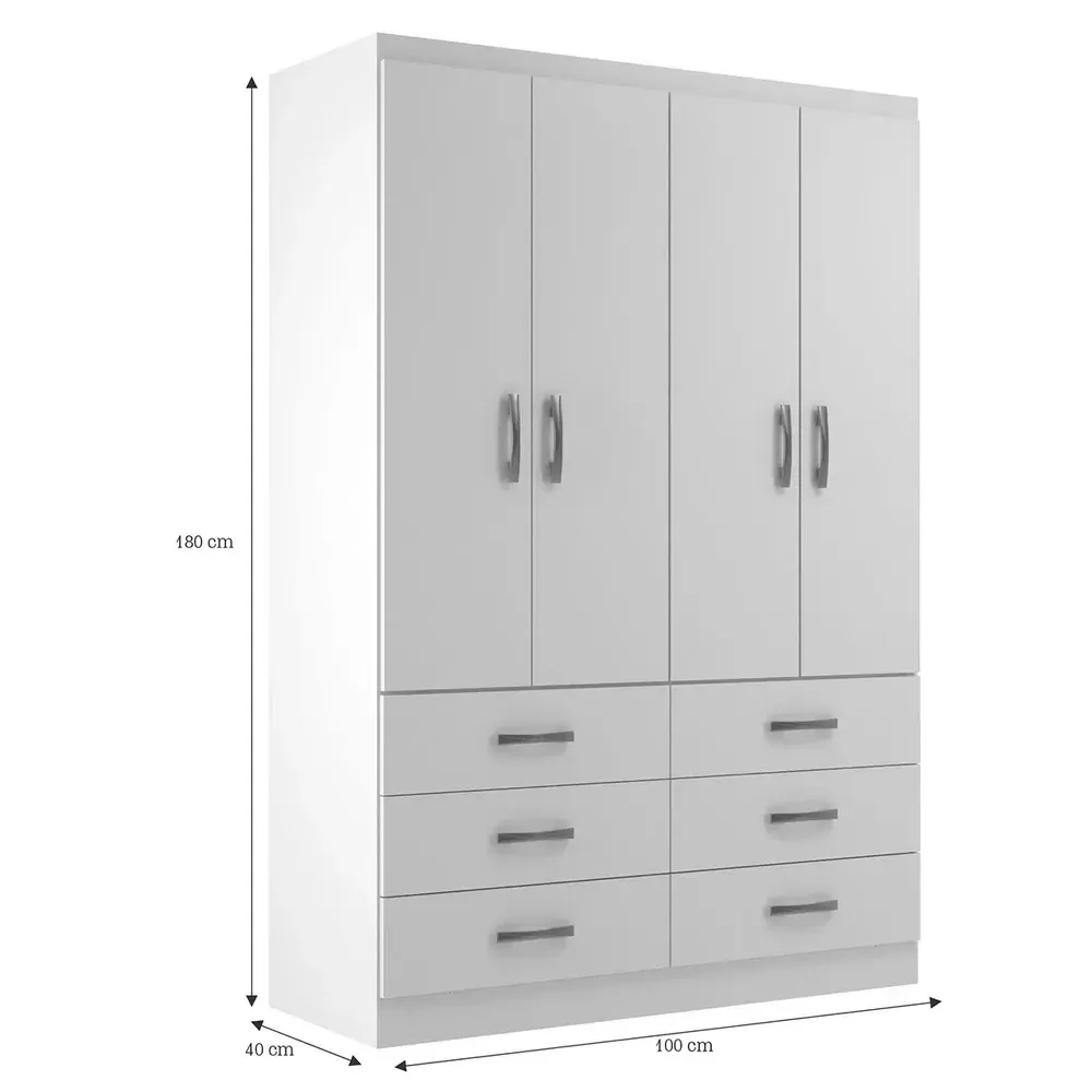 Guarda Roupa Solteiro áquila 4 Portas 6 Gavetas Branco - Pnr Móveis - 3