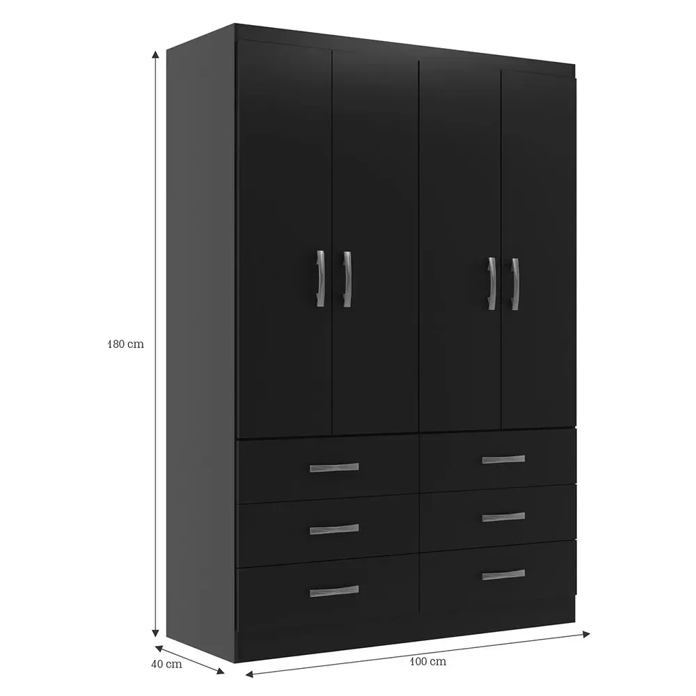 Guarda Roupa Solteiro áquila 4 Portas 6 Gavetas Black - Pnr Móveis - 3