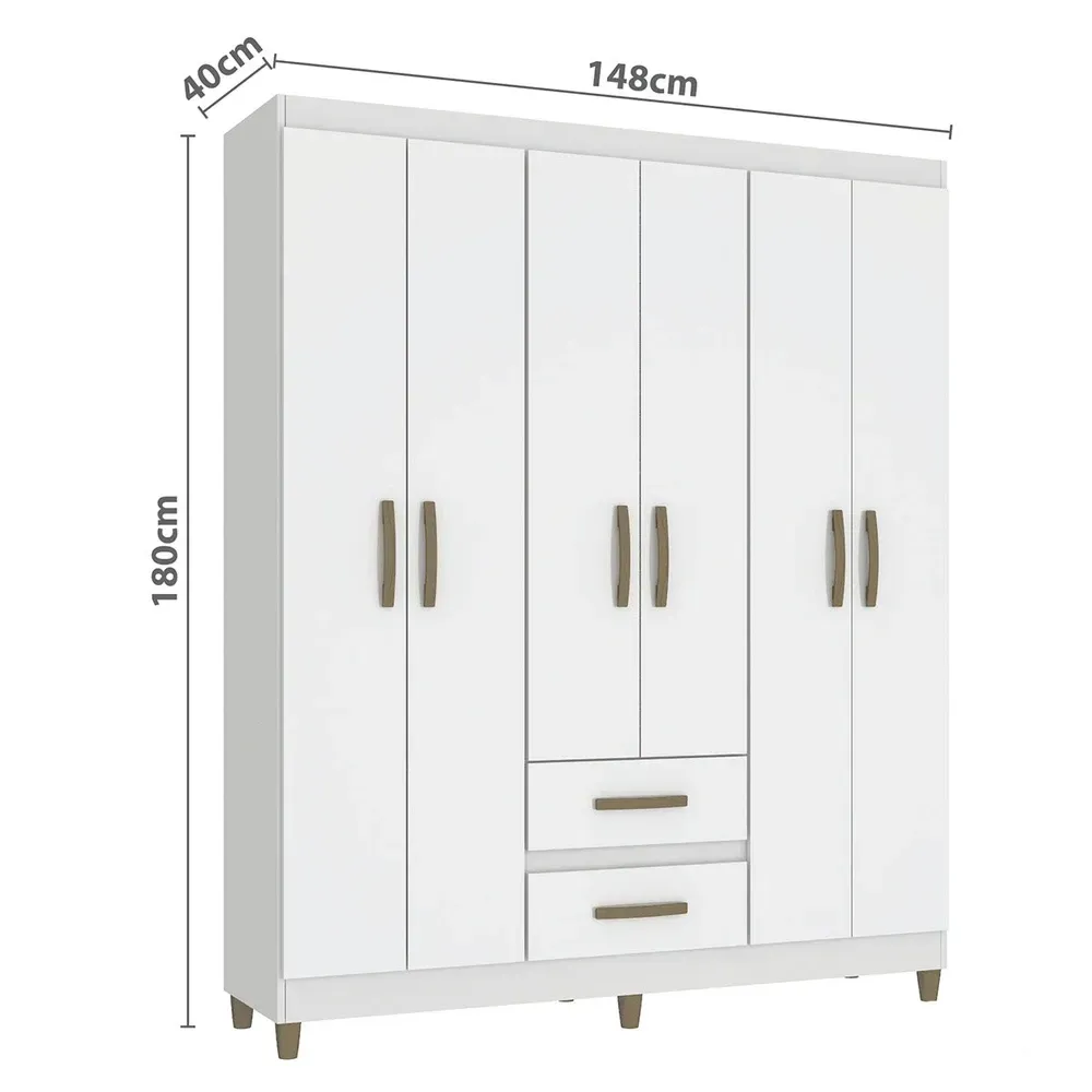 Guarda Roupa Solteiro Essenza 6 Portas 2 Gavetas Branco - Pnr Móveis - 3