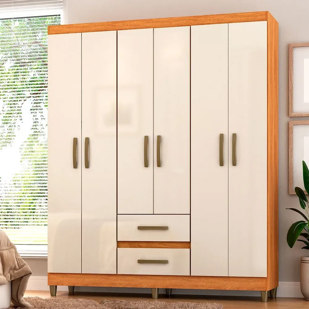 Guarda Roupa Solteiro Essenza 6 Portas 2 Gavetas Cinamomo/Off White - Pnr Móveis - 1