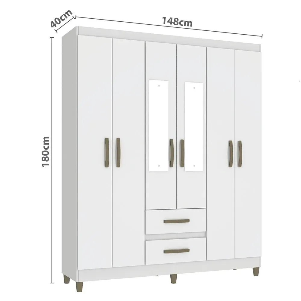 Guarda Roupa Solteiro Celesti 6 Portas 2 Gavetas com Espelho Branco - Pnr Móveis - 3