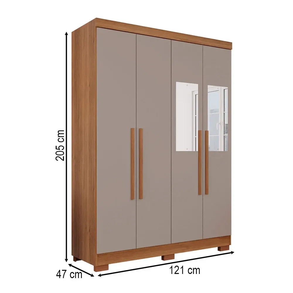 Guarda Roupa Solteiro Pinheiro 4 Portas 2 Gavetas com Pés e Espelho Cinamomo/Off White - Pnr Móveis - 3