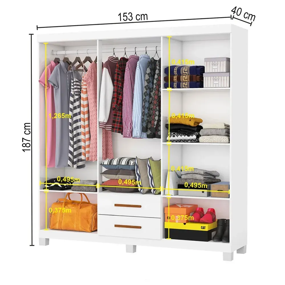 Guarda Roupa Solteiro Regalle 6 Portas 2 Gavetas com Pés Branco - Pnr Móveis - 3