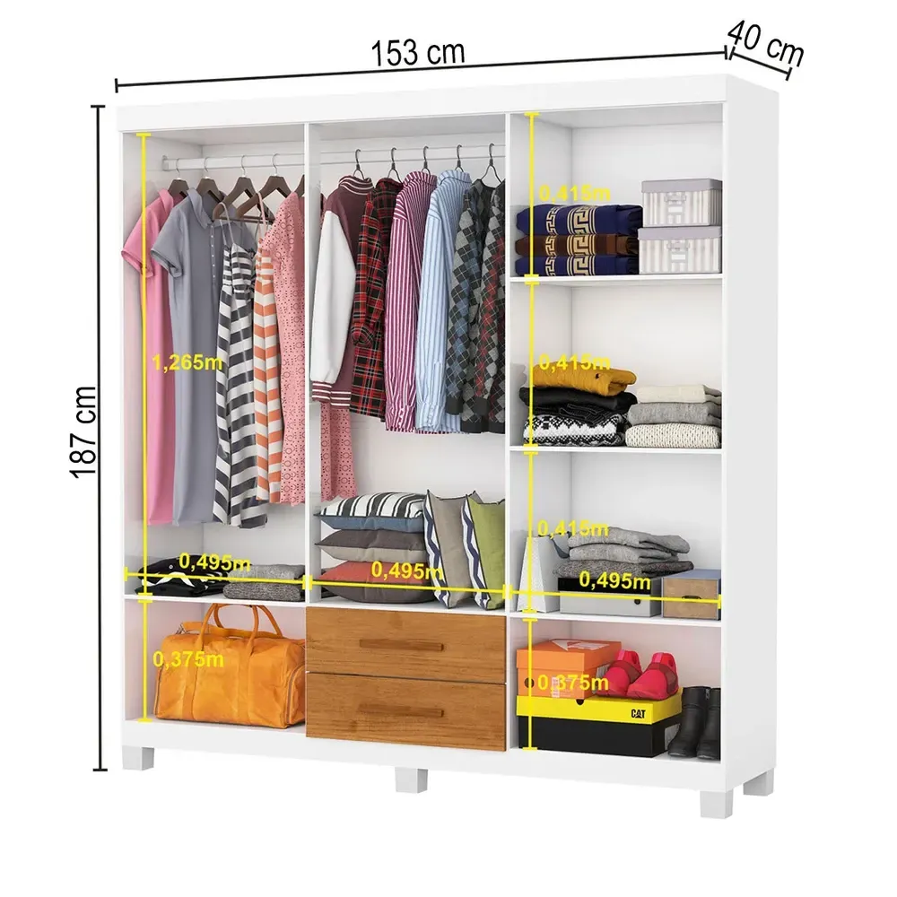 Guarda Roupa Solteiro Regalle 6 Portas 2 Gavetas com Pés Branco/Cinamomo - Pnr Móveis - 3