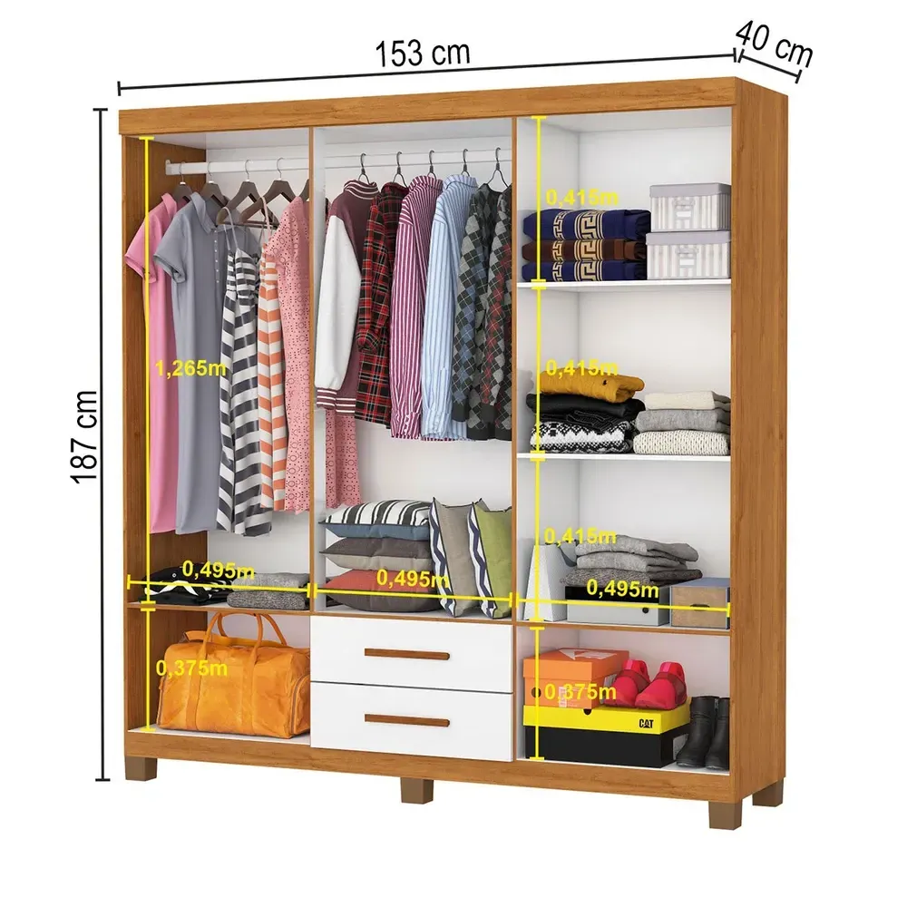Guarda Roupa Solteiro Regalle 6 Portas 2 Gavetas com Pés Cinamomo/Branco - Pnr Móveis - 3