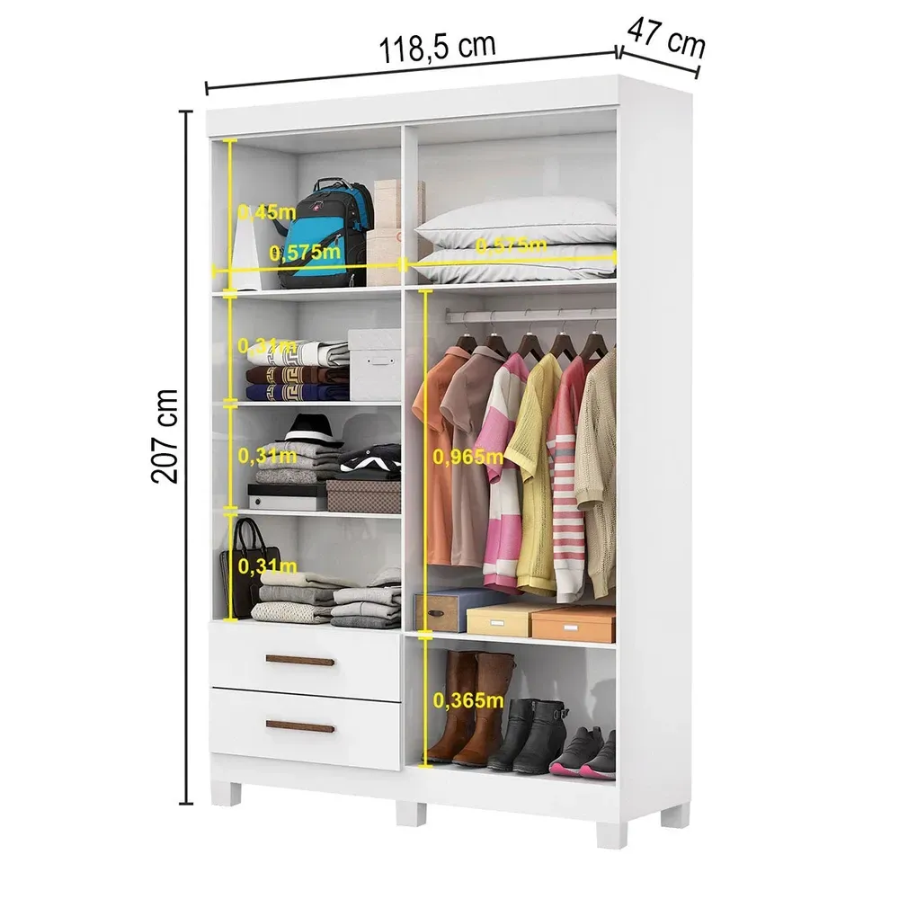 Guarda Roupa Solteiro Solo 4 Portas 2 Gavetas com Pés Branco - Pnr Móveis - 3