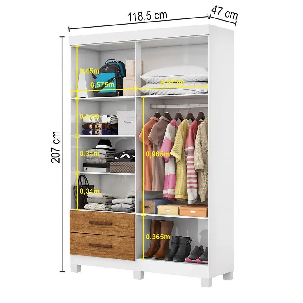 Guarda Roupa Solteiro Solo 4 Portas 2 Gavetas com Pés Branco/Cinamomo - Pnr Móveis - 3