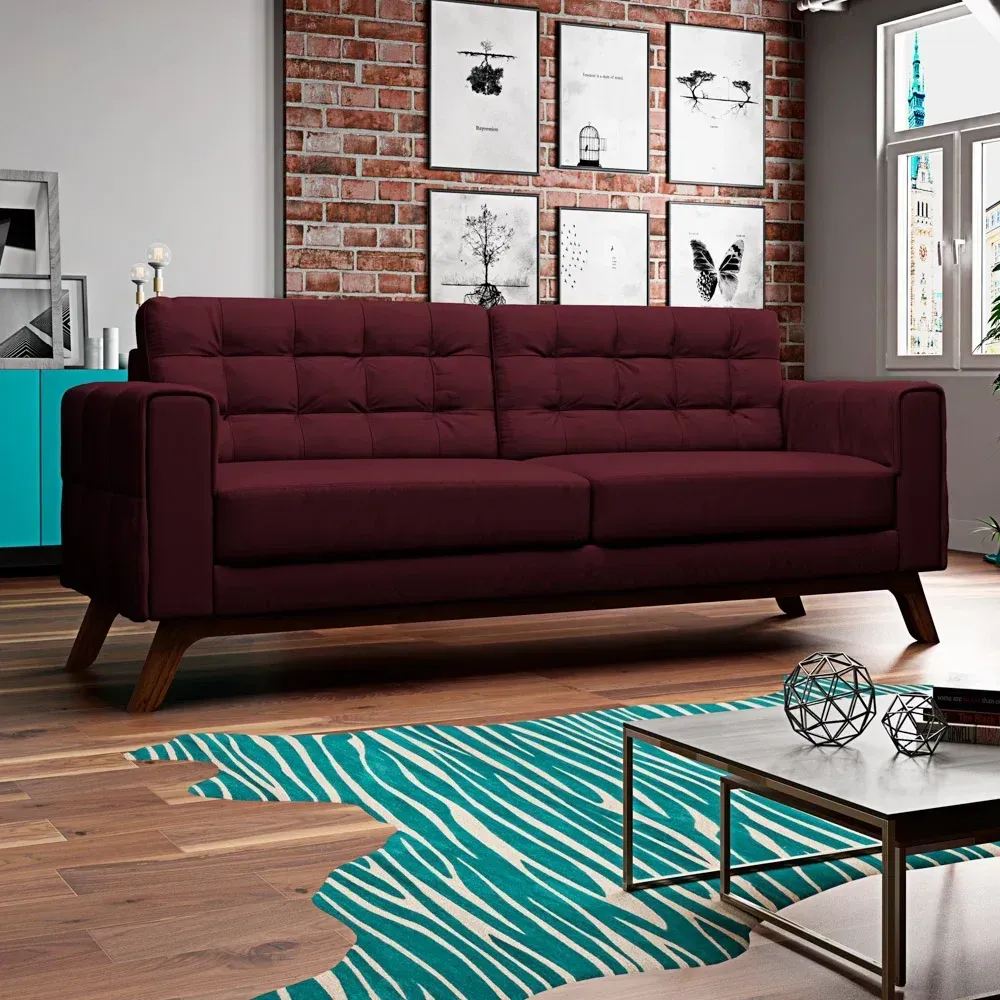 Sofá 230 cm 3 Lugares Sandero Veludo Marsala - Domi - 1