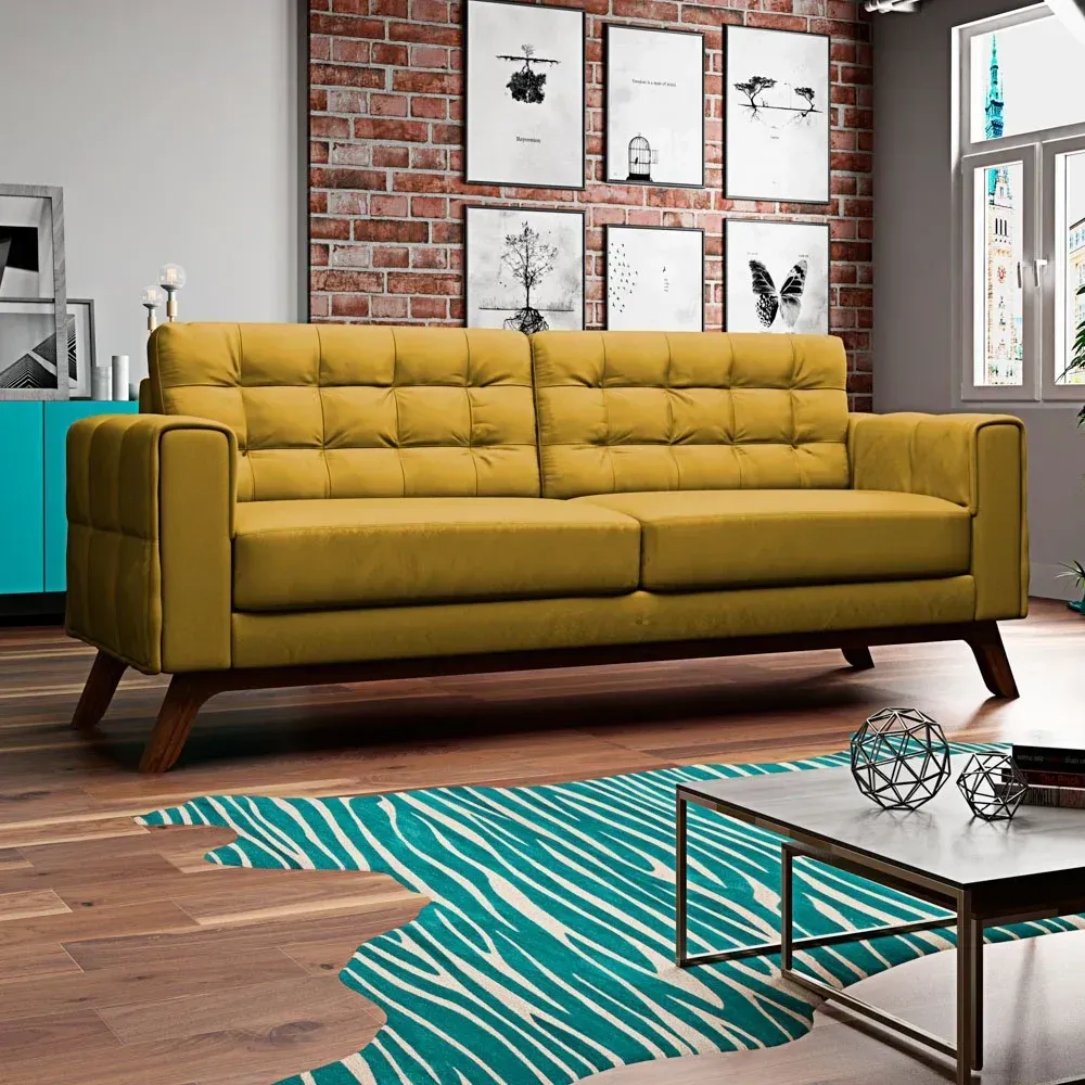 Sofá 230 cm 3 Lugares Sandero Veludo Amarelo - Domi - 1