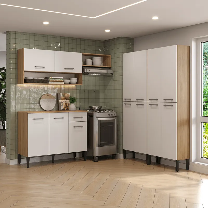 Armário de Cozinha Compacta Arizona Fusion Theree Carraro Carvalho com Branco - 1