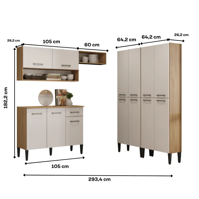 Armário de Cozinha Compacta Arizona Fusion Theree Carraro Carvalho com Branco - 3