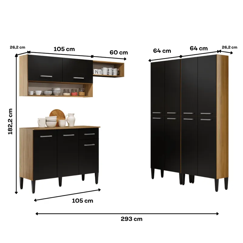 Armário de Cozinha Compacta Arizona Fusion Theree Carraro Carvalho com Preto - 3