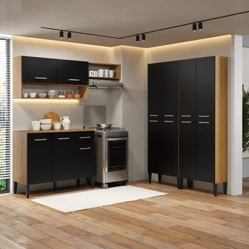Armário de Cozinha Compacta Arizona Fusion Theree Carraro Carvalho com Preto - 1