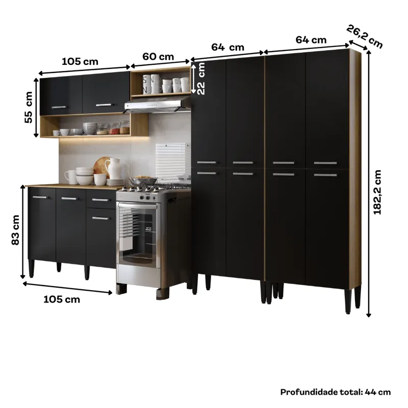 Armário de Cozinha Compacta Arizona Fusion One Carraro Carvalho com Preto - 3