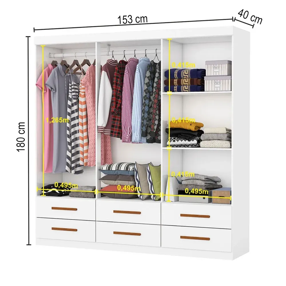 Guarda Roupa Solteiro Aria 6 Portas 6 Gavetas Branco - Pnr Móveis - 3